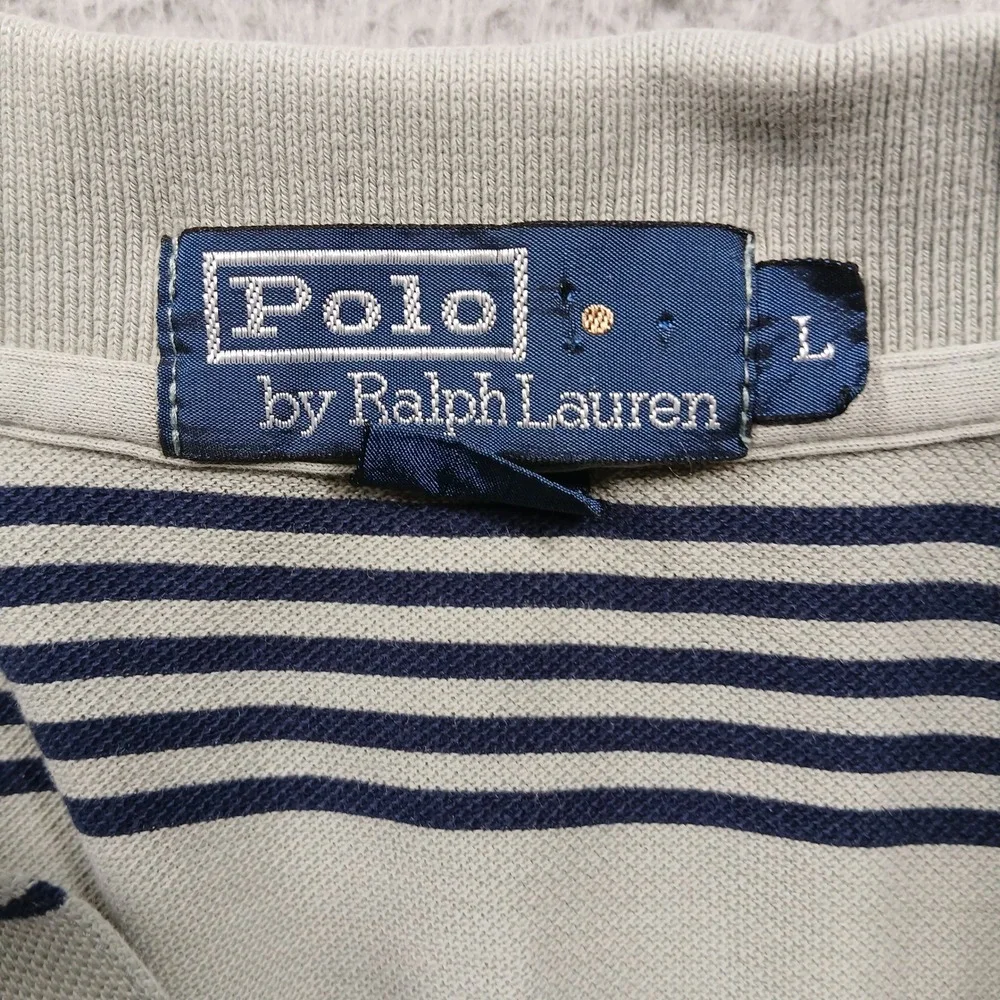 Polo Ralph Lauren‎ Polo Shirt Mens Large Cream Blue Stripe Short Sleeve